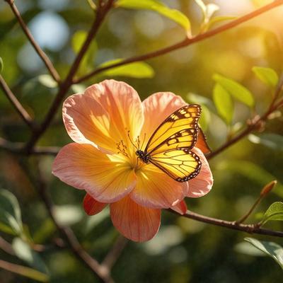 The primary subject of the image is a butterfly perched on a flower. The setting is a garden, with the butterfly sitting on a pink flower. The visual style is a photo, capturing the beauty of the butterfly and the flower in their natural environment. The colors and mood of the image are vibrant and lively, with the pink flower and the butterfly's yellow and black wings creating a striking contrast against the green background.